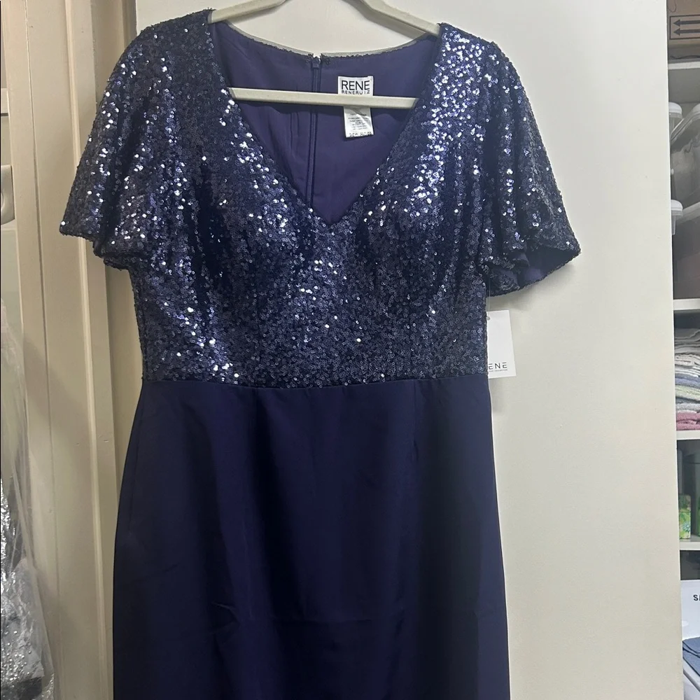 Rene Ruiz Deep blueberry Sequin V-Neck Maxi formal Dress with Flutter Sleeves - Picture 2 of 7